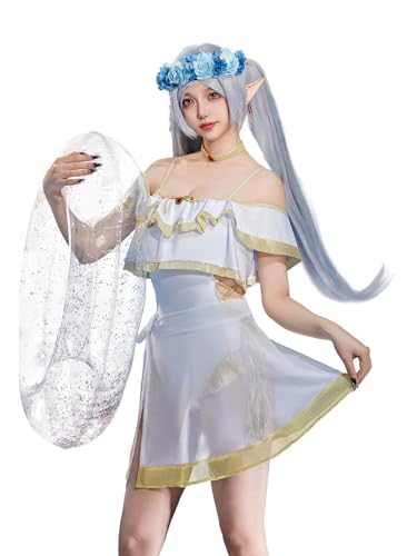 haikyuu Women Cosplay Fairy One Piece Swimsuit with Chiffon Wrap Skirt Ruffle Anime Rave Bathing Suit