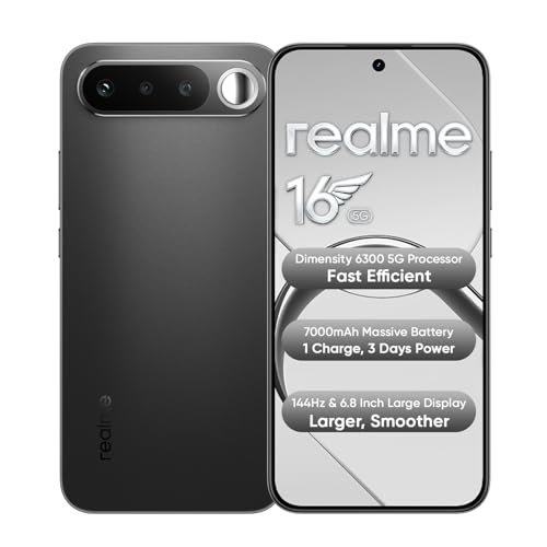 realme 16 5G Smartphone 12+256GB Air Black, 7000mAh Massive Battery + 60W Fast Charging, 120Hz Refresh Rate + AMOLED Smooth Display, 50MP AI Camera System, Dimensity 6400 Turbo Processor, IP69. realme 16 5G Smartphone 12+256GB Air Black, 7000mAh Massive Battery + 60W Fast Charging, 120Hz Refresh Rate + AMOLED Smooth Display, 50MP AI Camera System, Dimensity 6400 Turbo Processor, IP69.