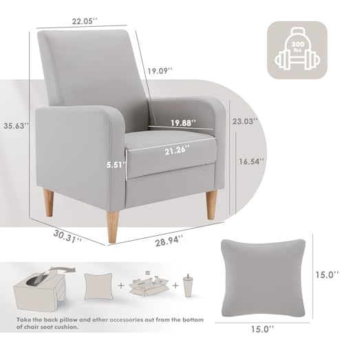 Image of COLAMY Mid-Century Modern Accent Chairs Set of 2, Faux Leather Upholstered Living Room Chairs with Back Pillow & Solid Wood Legs, Comfy Armchair for Living Room, Bedroom, Single Sofa, Light Grey