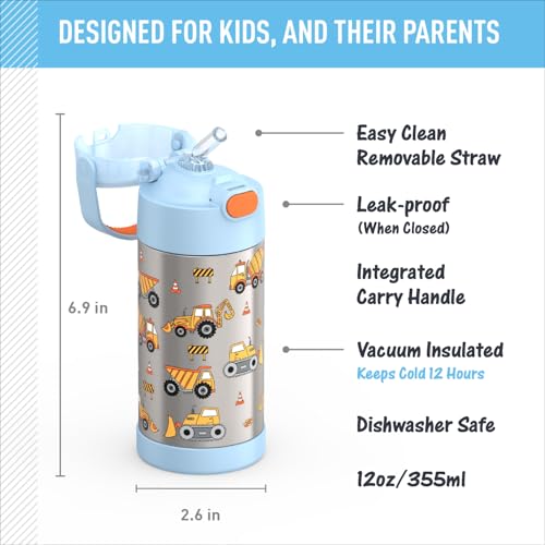 THERMOS FUNTAINER Water Bottle with Straw - 12 Ounce - Kids Stainless Steel Vacuum Insulated Water Bottle with Lid, Construction