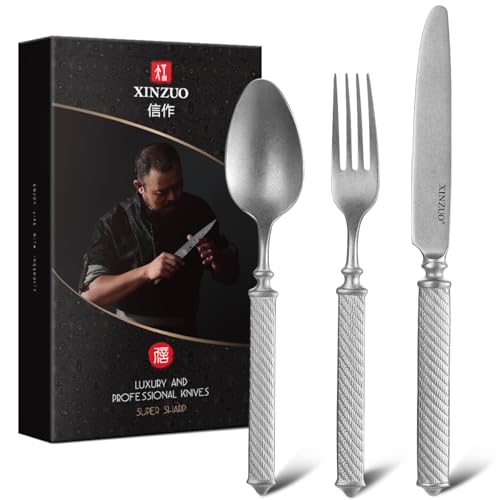 XINZUO Juego de Cubiertos Estilo Mate Retro de 3 Piezas Acero Inoxidable Set de Cuberteria Elegante-Cuchillo,Tenedore,Cuchara-Mango con Textura de Cuerda Retorcida-Para el Día a Día y para Invitados