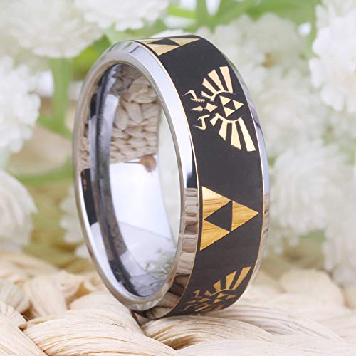 CLOUD DANCER Crest and Triforce Ring Game-Themed Laser Pattern Ring 8mm Width Gold and Silver Tone Tungsten Carbide Wedding Ring Engagement Ring-FREE Custom Engraving3