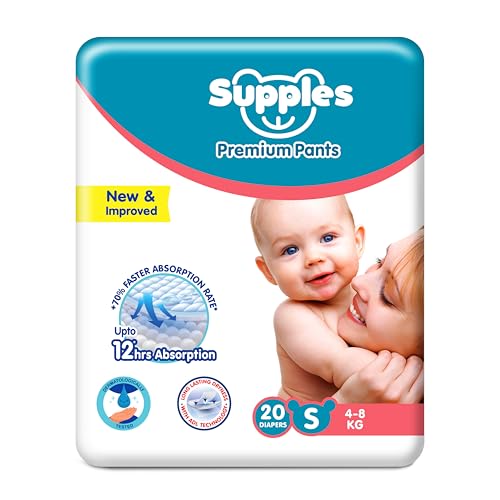 Image of Amazon Brand - Supples Premium Baby Diaper Pants | 20 Baby Diapers | Small | 4-8 Kg | 12 Hrs Absorption | Cushiony Cotton Soft Fabric | Phthalates-Free | Triple Leak Guard