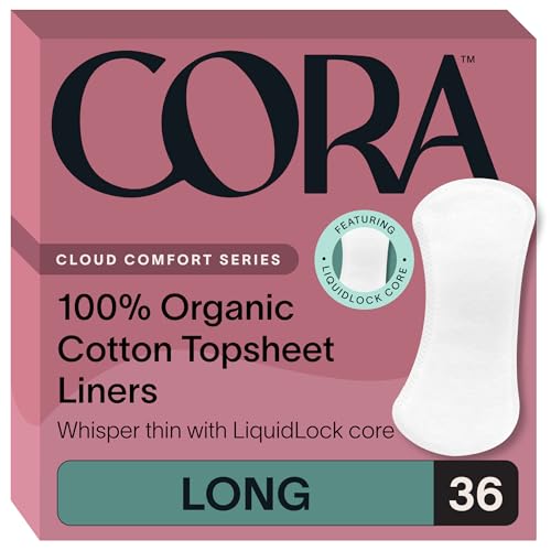 Image of Cora 100% Organic Cotton Topsheet Period Liners (36 Long Period Liners) | Extra Thin Breathable Panty Liners, Long Length, Regular Absorbency, Pillow-Soft, Organic Feminine Care