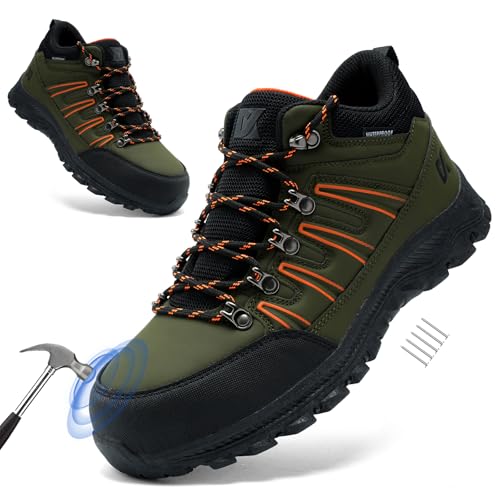 Men's Green Steel Toe Hiking Shoes, Industrial Safety Boots with Puncture Proof, Non Slip, Water Resistant, Comfortable for Construction, Outdoor, Work & Daily Use