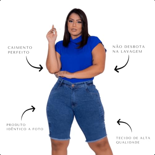Bermuda Jeans Plus Size Feminino Cintura Alta Com Lycra Empina Bumbum (46, Azul)