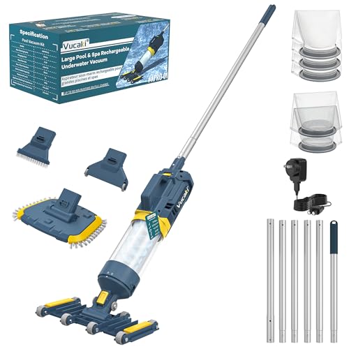 Vucaki 5-in-1 Handheld Pool Vacuum with 10.8FT Telescopic Pole – 14' Wheel Vacuum Head, 18.9GPM Suction, 70Min Runtime, Heavy Duty Pool Vacuum Cleaner for Inground & Above Ground Pools and Spas