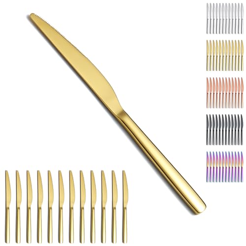 Evanda Gold Tafelmesser Set 12 Stück, Titanium Plating Gold Edelstahl Abendessen messer Steakmesser, Besteck Buttermesser Messer Set Silberbesteck...