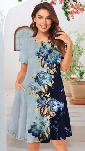Image of Womens Summer Dresses Beach Casual Loose Tshirt Floral Short Sleeve Flowy Pockets Sundresses 2026