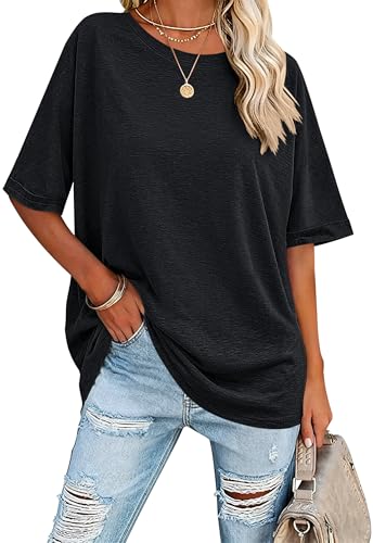 T-shirt surdimensionné pour femme noir basique col rond manches courtes taille M décontracté