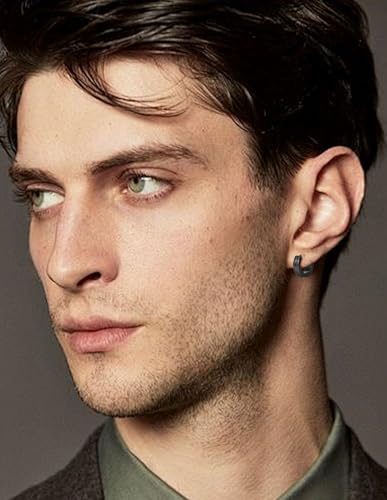 12 Pairs Hoop Earrings for Men Stainless Steel Huggie Earring Round Circle CZ Bevel Edge Unique Greek Key Hoops Piercing Jewelry Set Black Silver Tone4