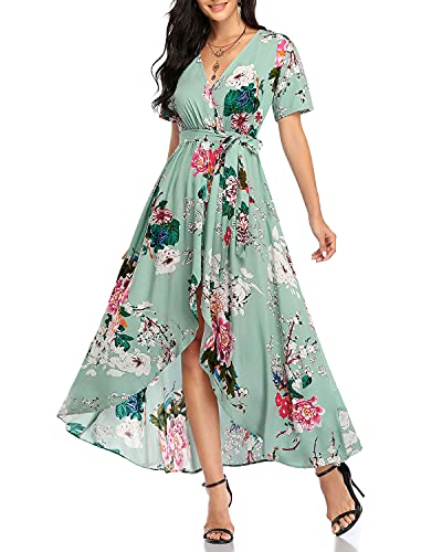 Women s High Low Maxi Long Flowy Green Floral Boho Short Sleeve V Neck Casual Summer Wedding Guest Beach Party Sun Dress