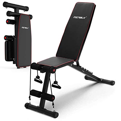 Adjustable Weight Bench, Exercise Workout Bench for Full Body Workout- Multi-Purpose Foldable Bench, Folding Dumbbells Bench with Elastic Ropes, 400lbs Capacity