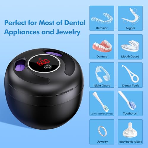 Upgraded Ultrasonic Retainer Cleaner Machine, 45kHz Ultrasonic Dentures Cleaner for Night Guards, Braces, Aligner, Toothbrush, Jewelry and More, 200ML Capacity, Black1