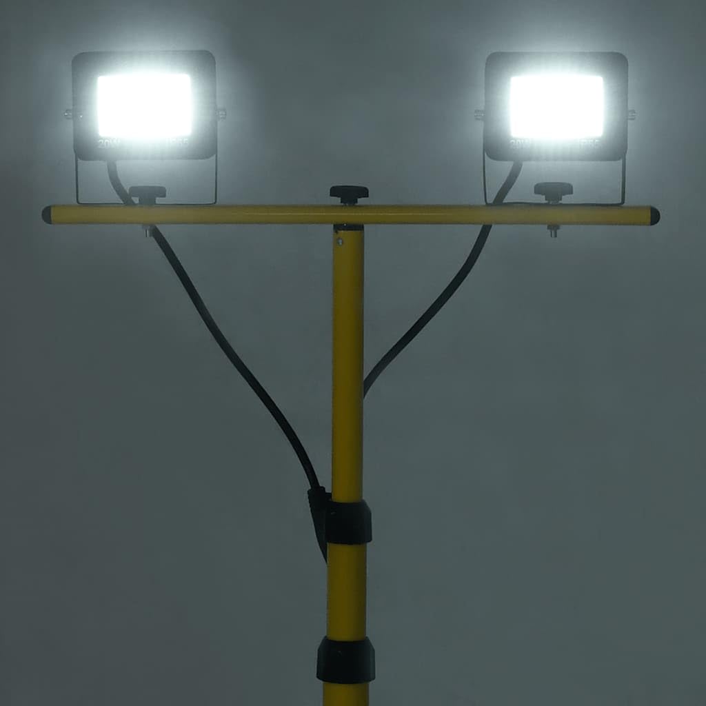 Reflektor budowlany LED ze statywem 2 x 20 W, teleskopowa lampa robocza zimna biel 6000 K, 2800 lm, ochrona IP, regulowany reflektor na plac budowy, do warsztatu i garażu, kabel 3 m
