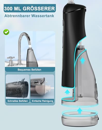 Munddusche Kabellos, Water Flosser 5 Modi 8 Stufen & 3 Intensitäten 5 Düsen, 300ML Wassertank Mund Reiniger Wasser Zähne Flosser IPX7 Wasserdicht Munddusche Testsieger 2025 für Reinigung auf Reisen – Bild 7
