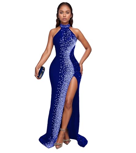 Image of Nagfar Women Sexy Elegant Rhinestone Beaded Halter Split Bodycon Long Dress Birthday Prom Club Night Outfits(SY1105-Blue-L)