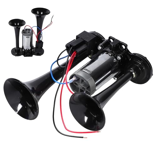 爆音タイプ 大型 トラック ヤンキーホーン 爆音 ポンプ エアー式 一体型 エアーコンプレッサー 内蔵 車 軽トラック 軽自動車 社外品 ステー付き (12V ブラック&シルバー)