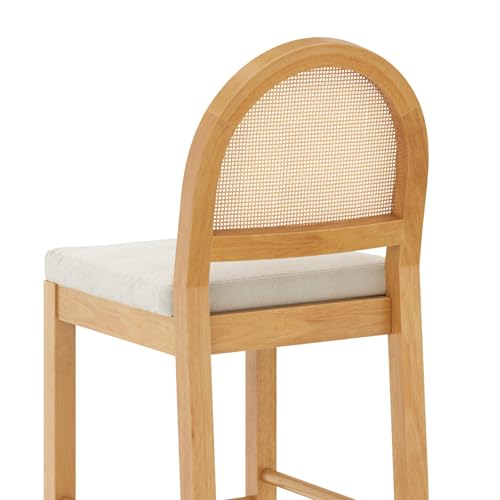Image of Nathan James Bailey 29 in. Boucle Bar Stool with Back, Upholstered Kitchen Stool with Natural Rattan Woven Back and Solid Wood Legs, Oak Finish, Set of 4
