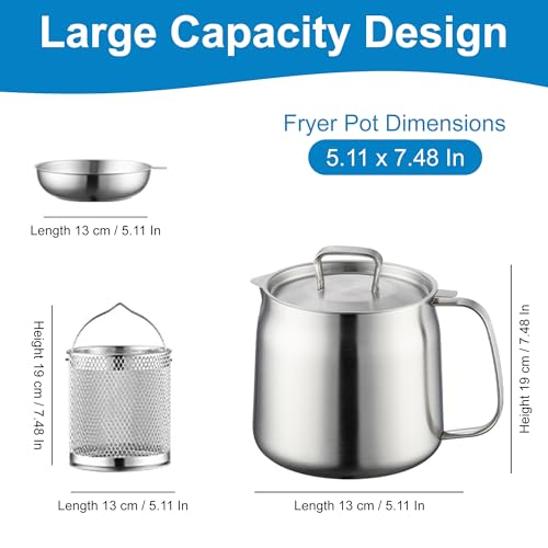 Image of 68oz Stainless Steel Oil Filter Pot with Deep Fryer Basket & Oil Strainer, 304 Food Grade Deep Fryer, Bacon Grease Saver Container for Kitchen Cooking & Camping Japanese Tempura Fryer Pot (2L)
