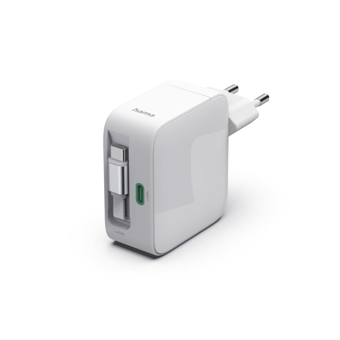 Hama | Caricatore 2 USB C 65 W GAN (230 V, Power Delivery, cavo estensibile, Qualcomm Quick Charge, Dual, Compatto, retrattile) Colore Bianco