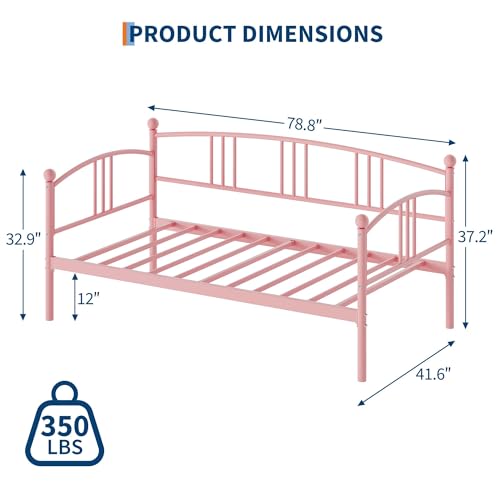 Image of Garvee Twin Daybed, Sturdy Metal Daybed with Arched Headboard and Steel Slat Support, Sofa Bed for Living Room Bedroom and Guest Room, Pink
