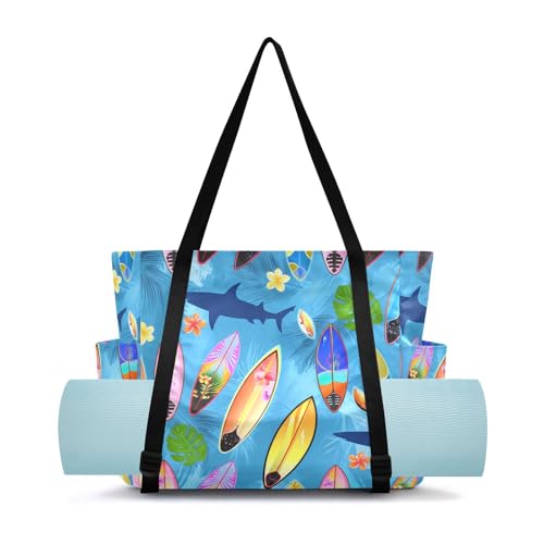 Lxqimora Surfboards Sharks Energetic Yoga Mat Bag for Women Water-Resistant Gym Bag with Yoga Mat Holder Tote Bag for Gym Travel Office Pilates