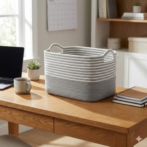 Image of Large Storage Basket, Woven Blanket Basket, Toy Basket with Handle, Laundry Hamper for Living Room, Nursery, Bedroom- 20x15x12 (LXWXH) (grey mix)