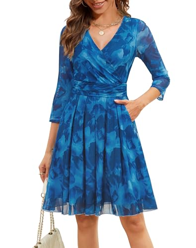 Zattcas Womens 2025 Wrap V Neck 3/4 Sleeve Cocktail Dress Pleated A Line Fit and Flare Wedding Guest Dress with Pockets, Mesh-- Blue, Large