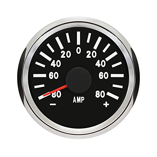 ELING 52mm 電流計インジケーター 80A センサー付き 赤いバックライト付き 車 トラック ボート用 (80A ブラック+ステンレス鋼)