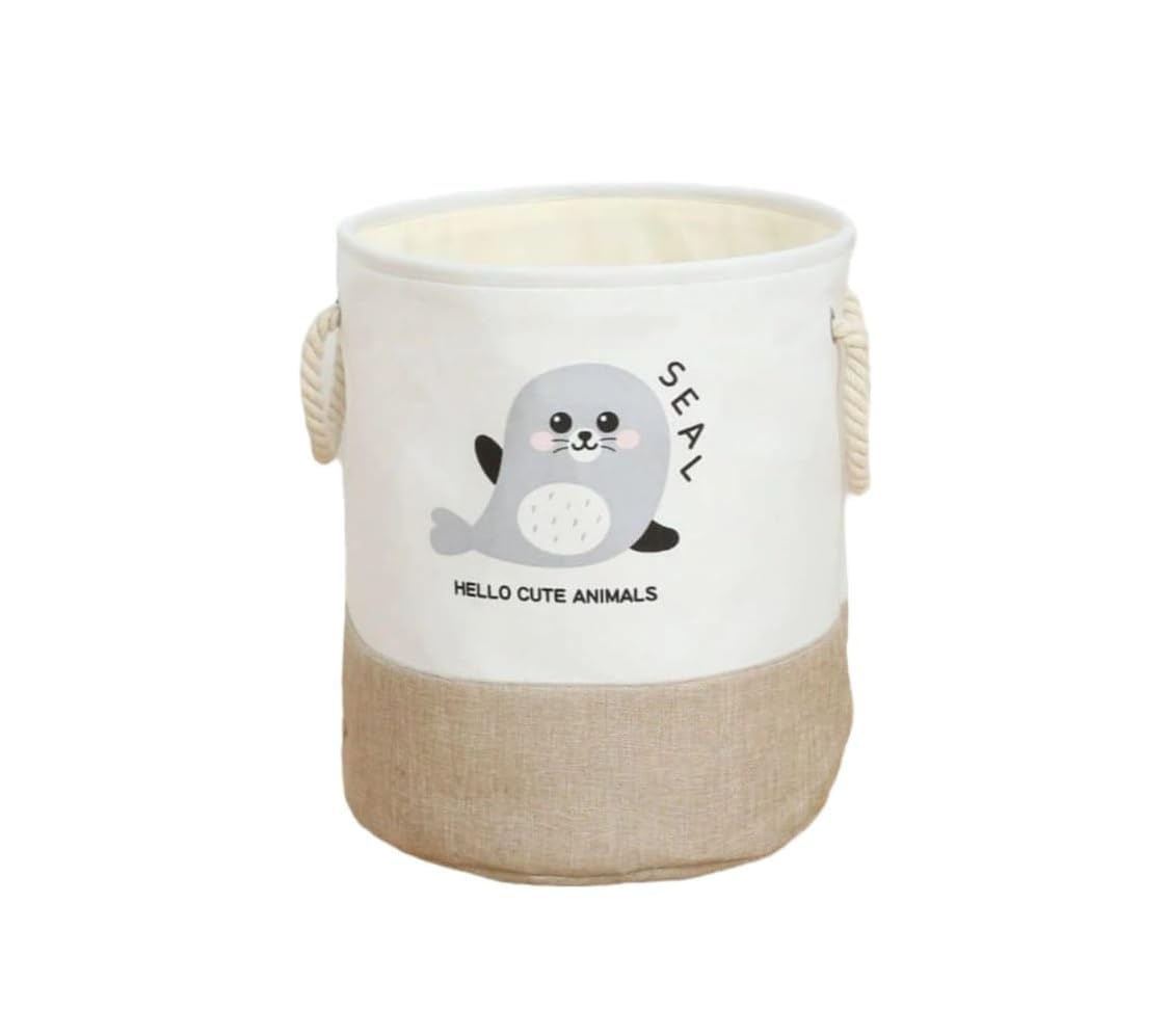 Cute Animal Design Canvas Storage Basket with Rope Handles, Decorative Laundry Hamper, White and Beige-image-7