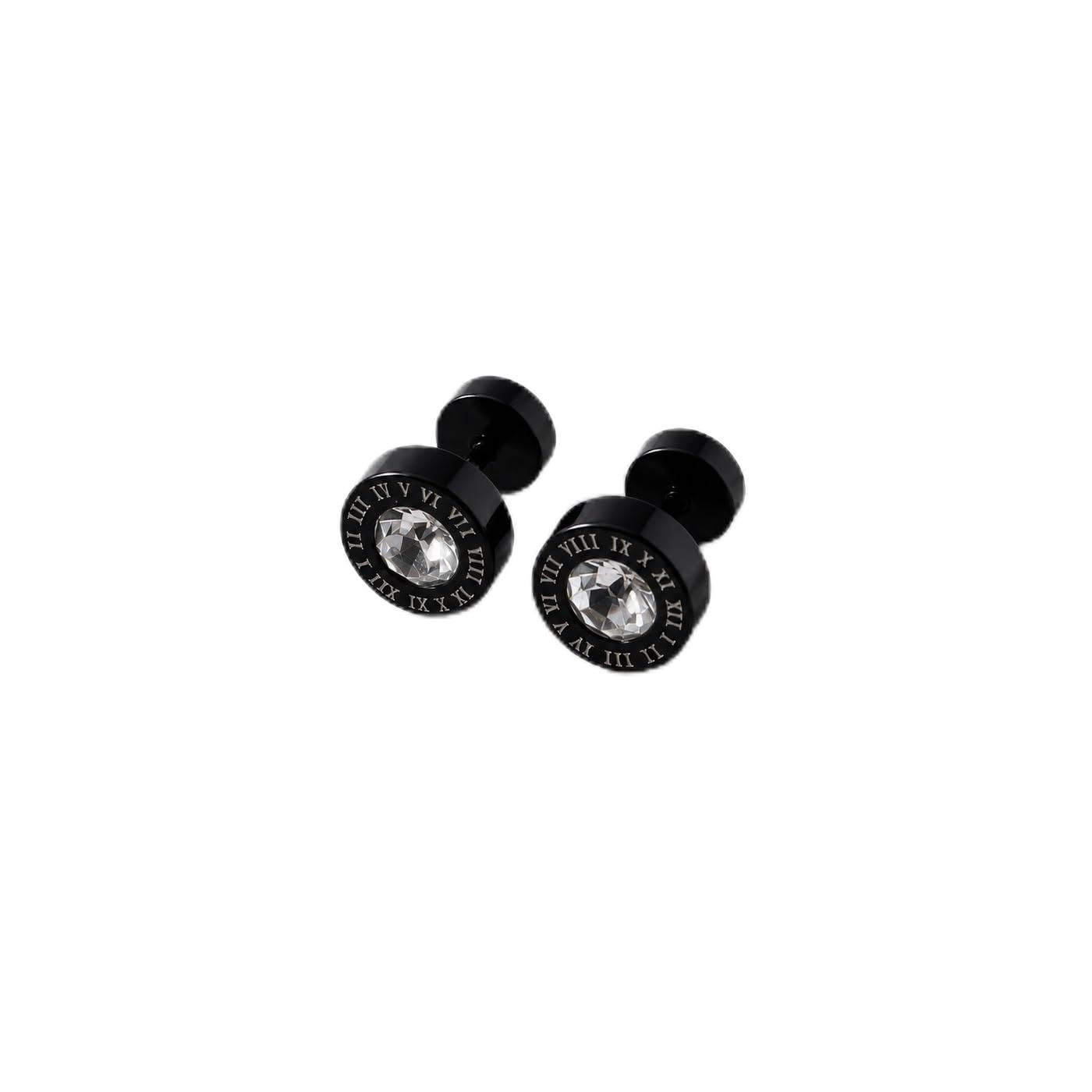 Black Plated Roman Numeral Cubic Zirconia Crystal Stud Earrings For Men & Women-picture-18