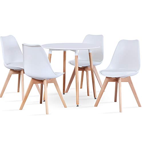 BenyLed - Juego de 4 sillas y Mesa de Comedor Redonda y sillas de Acolchadas, Juego de Muebles para el hogar, Oficina, Cocina, balcón (Blanco)