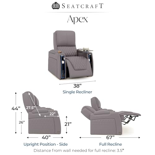 Image of Seatcraft Apex Gray Italian Leather Home Theater Seating, Zero Gravity Power Recliner, Powered Headrest and Lumbar Gaming and Home Office Chair, Lounge Sofa Furniture for Cinema Room, Single Recliner