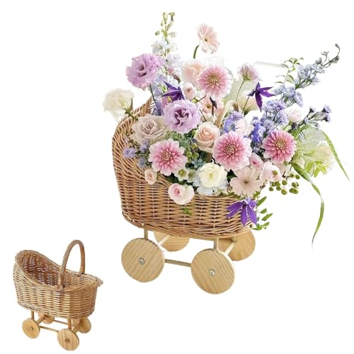 Woven Flower Basket Flower Girl Basket Wicker Basket Stroller Shaped Rattan Flower Basket with Handle Wood Baskets Woven Hand-Held Wicker Cachepot...