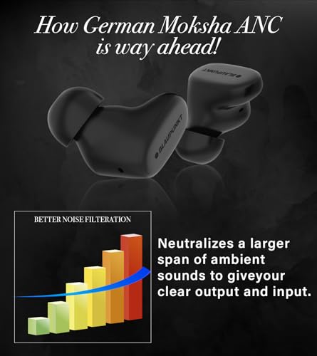 Image of Blaupunkt BTW40 Hybrid ANC Moksha in‑Ear Earbuds with Superior Noise Reduction, HD Sound, 6‑Mic CRISPR ENC, Blink Pair Technology, Ambient Mode, Wireless Charging, and TurboVolt Fast Charging (Black)