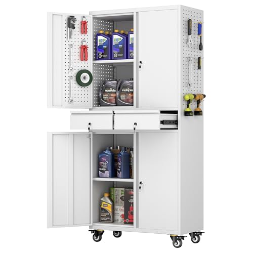 71" H Rolling Tool Storage Cabinet with Pegboard and 2 Drawers,Me...
