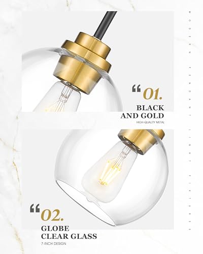 Image of Pendant Lights Kitchen Island, 7 inch Black and Gold Hanging Lights Fixtures with Clear Glass Globe Shade, Modern Kitchen Island Lighting for Bathroom, AD-22280-1P-KG