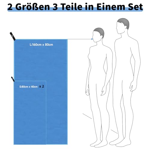Pameil Mikrofaser Handtuch 3er Set - 160x80cm Groß Badetuch +2 Stück 80x40cm Klein Handtuch - Microfaser Handtücher für Backpacker, Reisehandtuch Schnelltrocknend Perfekte für Fitness (Blau)