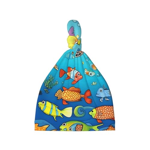 Newborn Baby Hat, Turtle and Fish Print Soft Top Knot Beanie Cap, Cute Baby Headwear for 0-6 Months Black