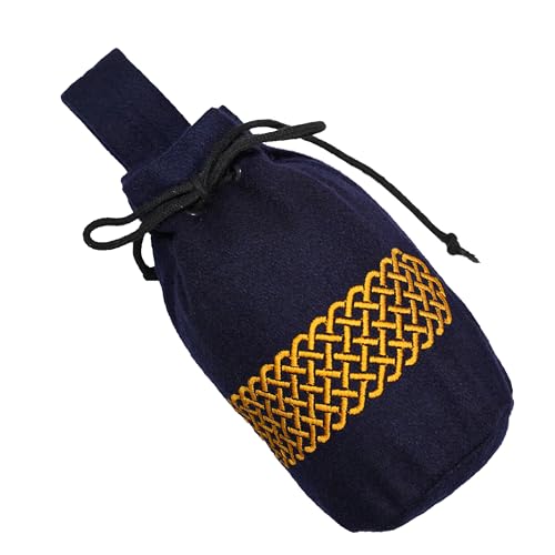 Mythrojan Medieval Viking Woolen Belt Pouch Drawstring Coin Purse with Celtic Embroidery, Ideal for Ren Faire, LARP, Cosplay, Viking Events -Navy Blue, 8" x 6.5"