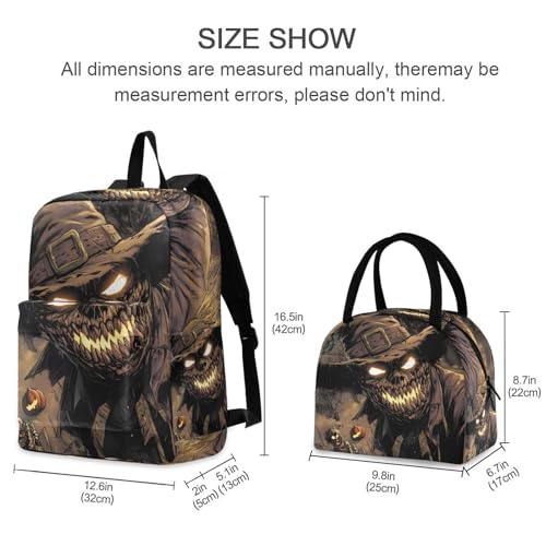 Backpack Lunch Bag Set Halloween Scarecrow Print, Big Storage Travel Backpacks with Insulated Lunch Box for Office Hiking Picnic2