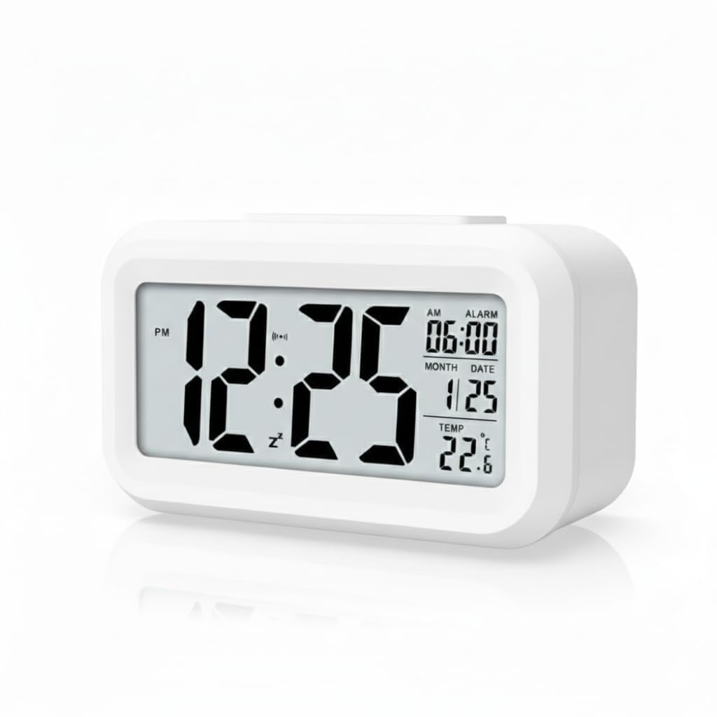 digital alarm clock – large lcd display with smart backlight, indoor temperature, date & calendar, portable desktop clock for bedroom, travel, and office(white)