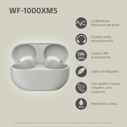 Sony WF-1000XM5 écouteurs sans Fil à réduction de Bruit, Bluetooth, Intra-Auriculaires avec Micro, 36 Heures d'autonomie, Charge Rapide, IPX4, Compatible iOS et Android - Argent
