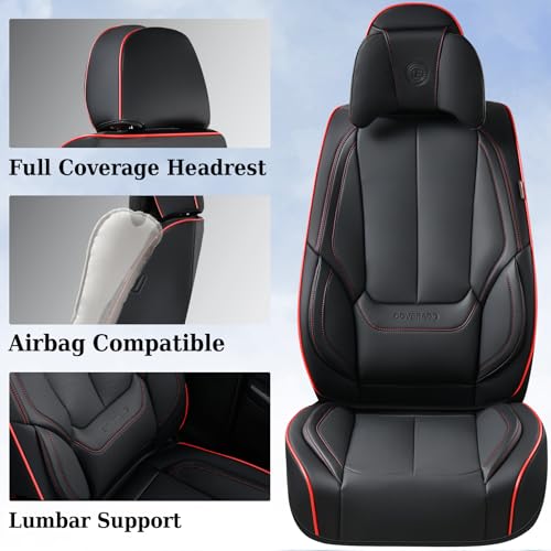 Image of Coverado Universal Seat Covers Front, 2-Pack Universal Seat Covers for Cars, Waterproof Nappa Leather Car Seat Covers with Head Pillow, Auto Protectors Fit for Most Sedans Pick-up Truck-Black&Redline