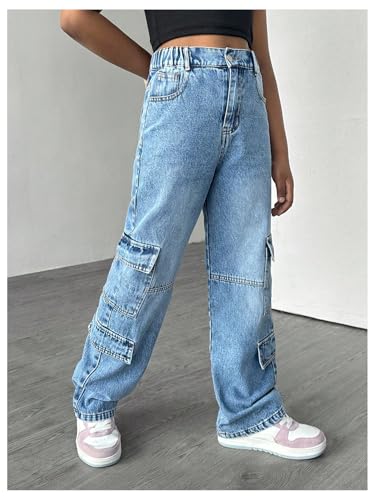 GORGLITTER Girl's Flap Pocket Baggy Cargo Jeans Y2k Wide Leg Zipper Fly Washed Denim Pants2