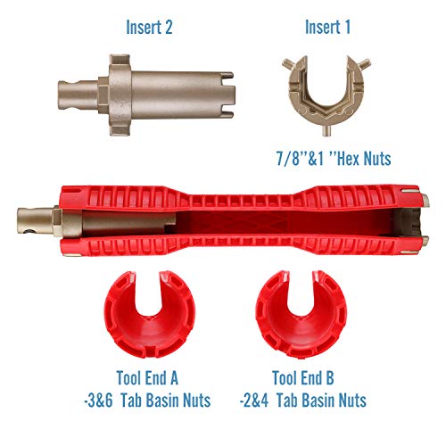 Seven Sparta (8 in 1) Faucet And Sink Installer Multifunctional Faucet Wrench Removal Tool for Toilet Bathroom Kitchen Sink Faucet Basin Pipe Nut Plumbing (Red)