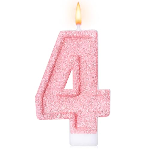 Cute Number 4 Birthday Candle Glitter Pink Number Candles Birthday Cake Topper Decoration Party Supplies Anniversary Celebrations