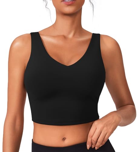 Image of PINSPARK Sports Bras for Women Built in Bras Padded Yoga Bra V Neck Longline Workout Tank Tops with Removable Pads