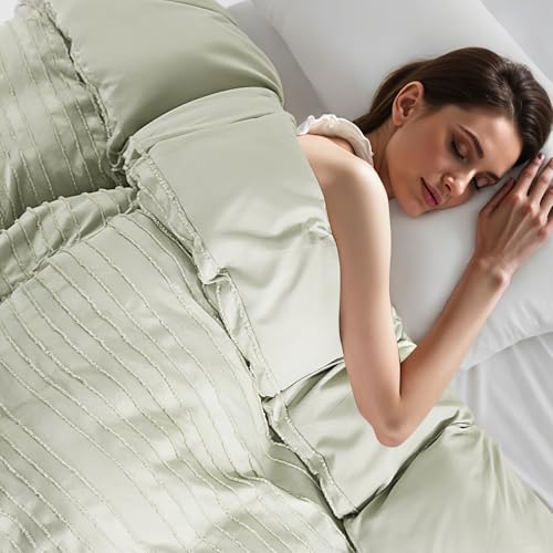 Image of NEXHOME PRO Duvet Cover Queen,3 Pieces Boho Tufted Duvet Cover Set, Soft and Lightweight 100% Washed Microfiber Comforter Cover Set for All Season(Sage Green,90 x 90)-No Comforter